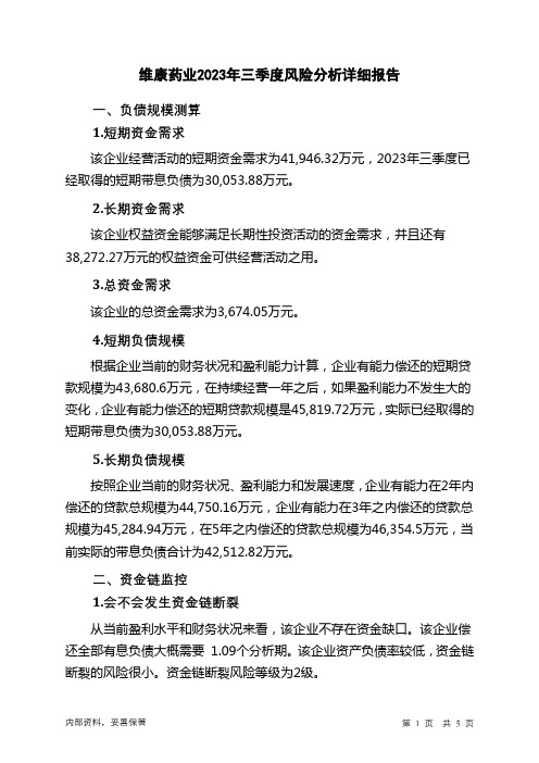 300878维康药业2023年三季度财务风险分析详细报告