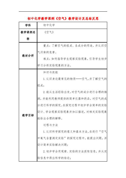 初中化学教学课例《空气》教学设计及总结反思