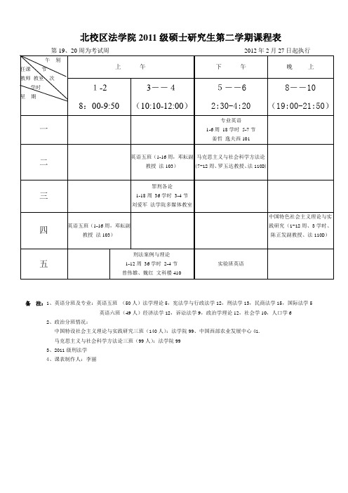 北校区法学院2011级硕士研究生第二学期课程表