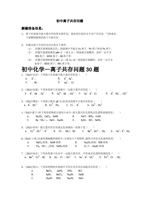 初中离子共存问题完整版