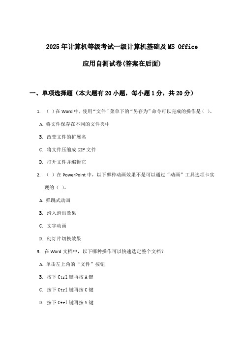 计算机等级考试一级计算机基础及MS Office应用试卷及解答参考(2025年)