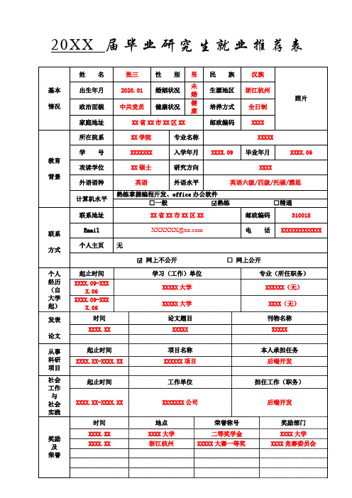 研究生就业推荐表模板