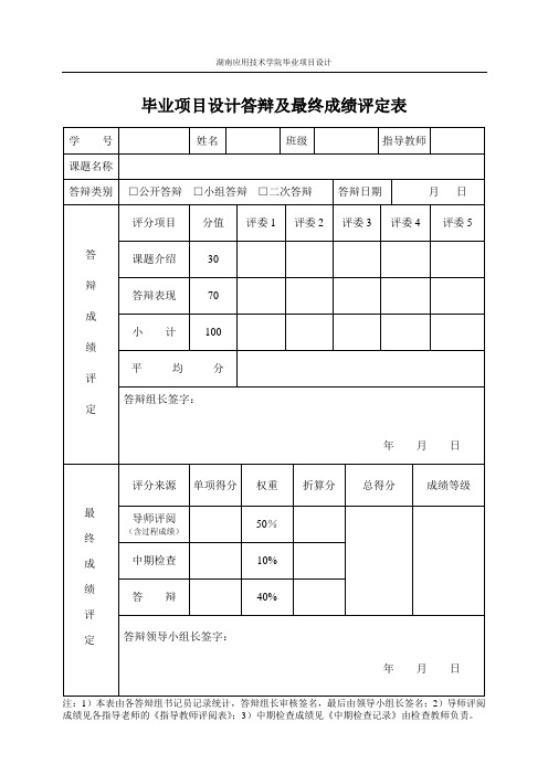 毕业项目设计答辩及最终成绩评定表