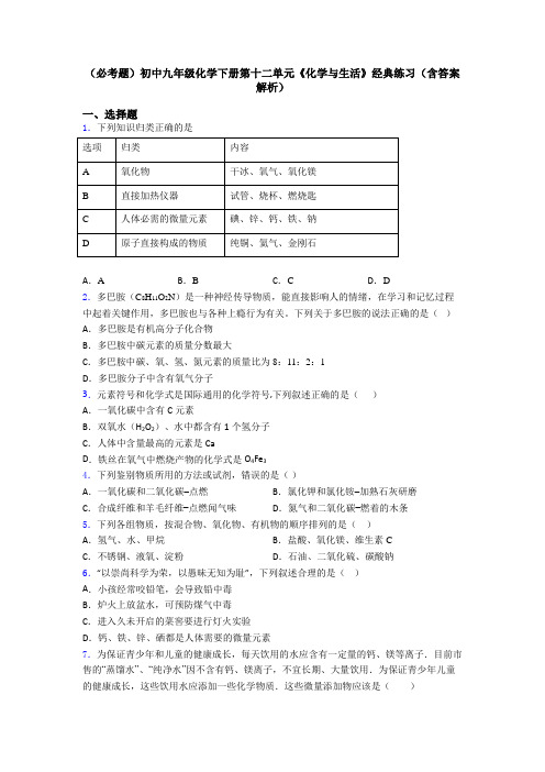 (必考题)初中九年级化学下册第十二单元《化学与生活》经典练习(含答案解析)