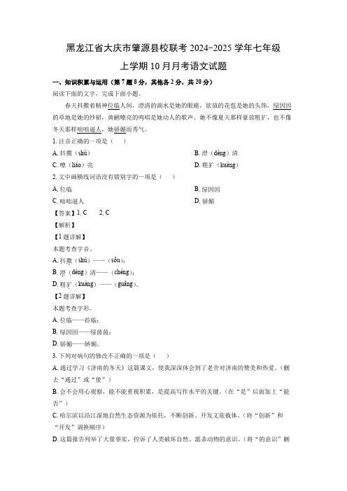 【语文】黑龙江省大庆市肇源县校联考2024-2025学年七年级上学期10月月考试题(解析版)