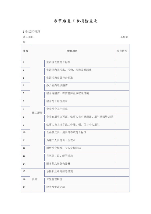 节后复工安全检查表