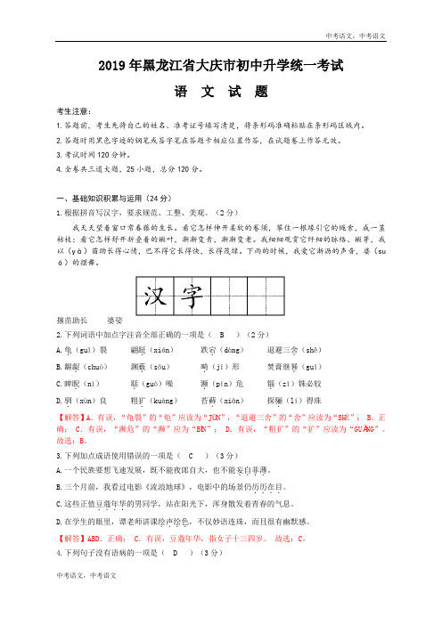 087—2019年黑龙江省大庆市中考语文试题(word版,含解析)