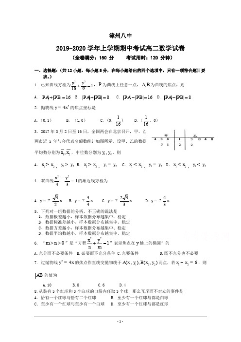 福建省漳州市第八中学2019-2020学年高二上学期期中考试 数学 Word版含答案