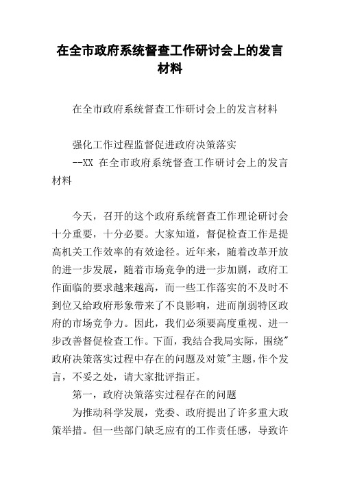 在全市政府系统督查工作研讨会上的发言材料