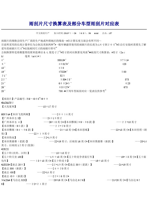 自-雨刮片尺寸换算表及部分车型雨刮片对应表 