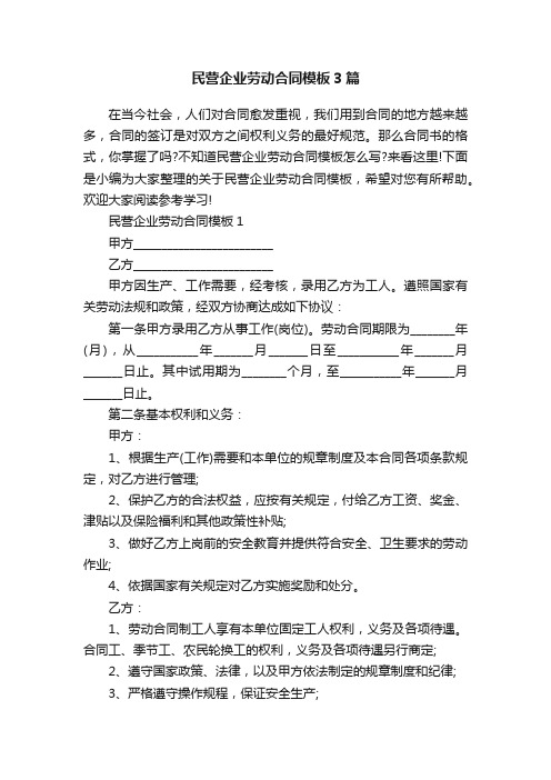 民营企业劳动合同模板3篇