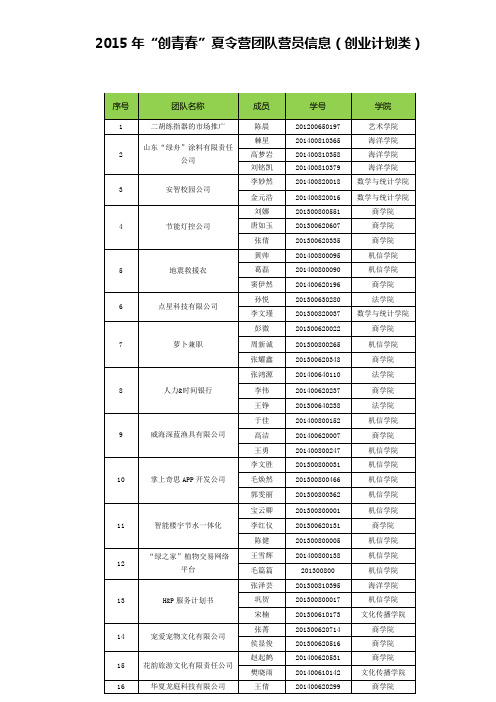 2015年创青春夏令营团队营员信息创业计划类