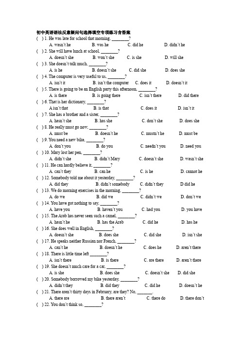 初中英语语法反意疑问句选择填空专项练习含答案