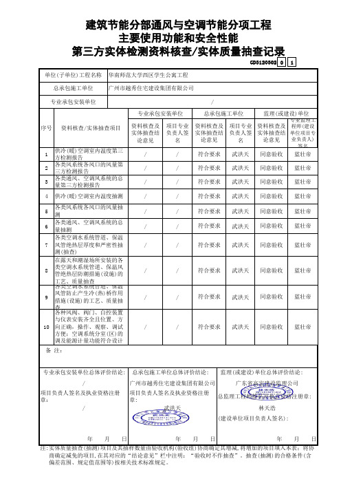 2 建筑节能分部通风与空调节能分项工程主要使用功能和安全性能第三方实体检测资料核查实体质量抽查记录