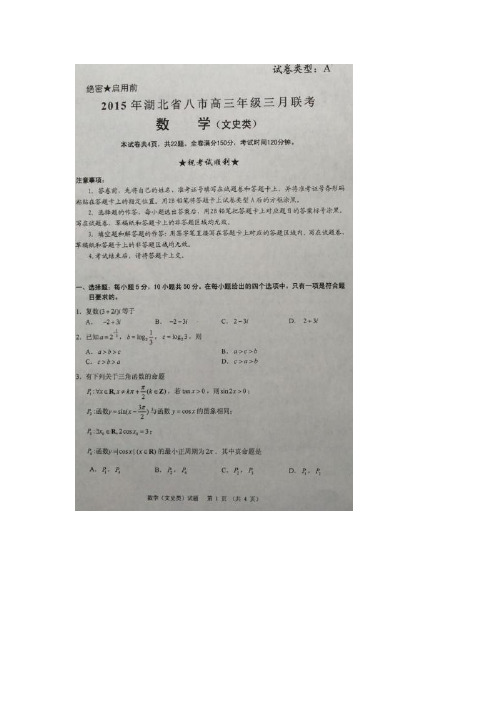 湖北八市2015届高三下学期三月联考数学(文)试题 扫描版含答案