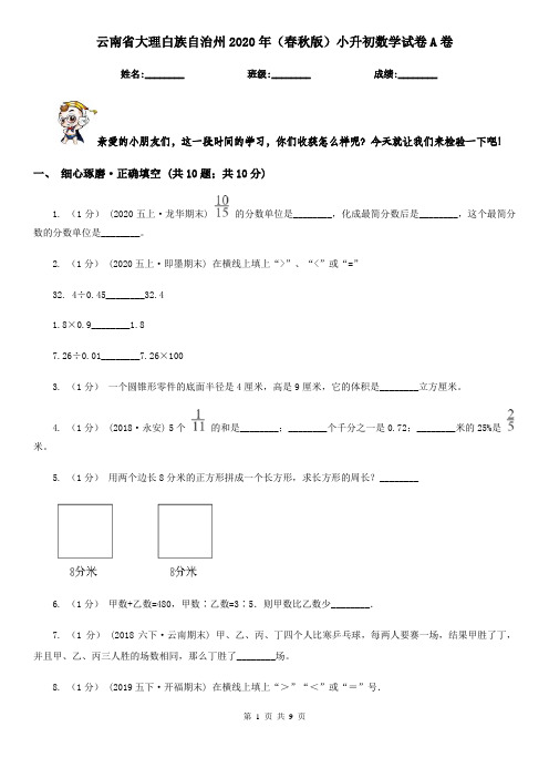 云南省大理白族自治州2020年(春秋版)小升初数学试卷A卷