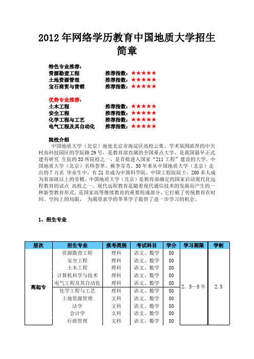 2012年网络学历教育中国地质大学招生简章