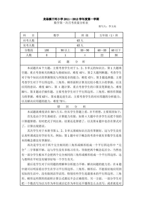 五年级上数学第一次月考质量分析