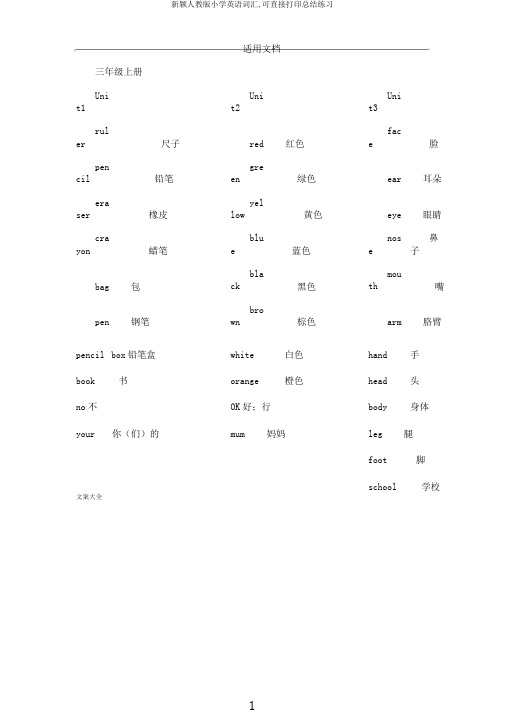 新颖人教版小学英语词汇,可直接打印总结练习