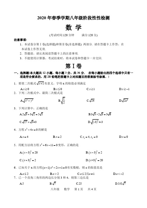 广西崇左市大新县2020年春季学期八年级数学期中测试卷 答案