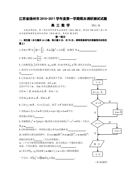 江苏省扬州市2010-2011学年度第一学期期末调研测试高三数学试题(word版)