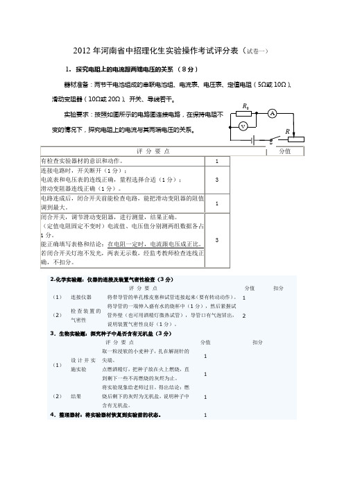 2012年河南省中招理化生实验操作考试评分表