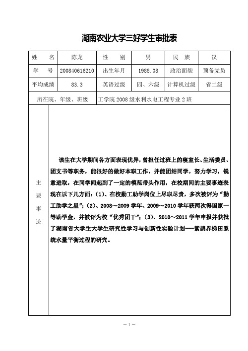 湖南农业大学三好学生标兵、三好学生审批表