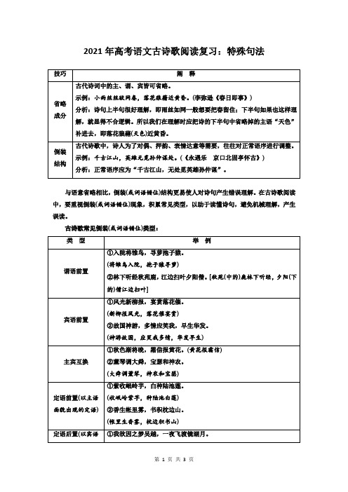 2021年高考语文古诗歌阅读复习：特殊句法