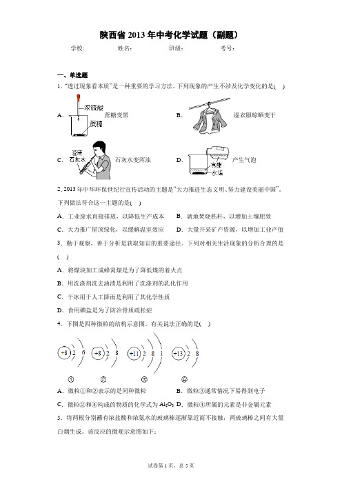 陕西省2013年中考化学试题(副题)