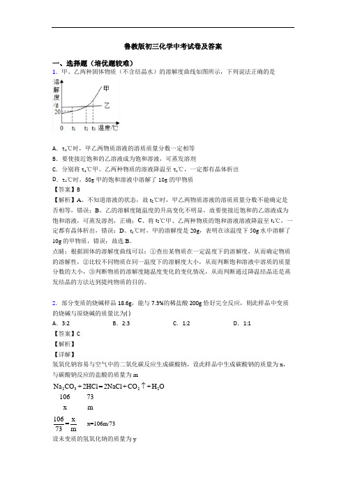 鲁教版初三化学中考试卷及答案