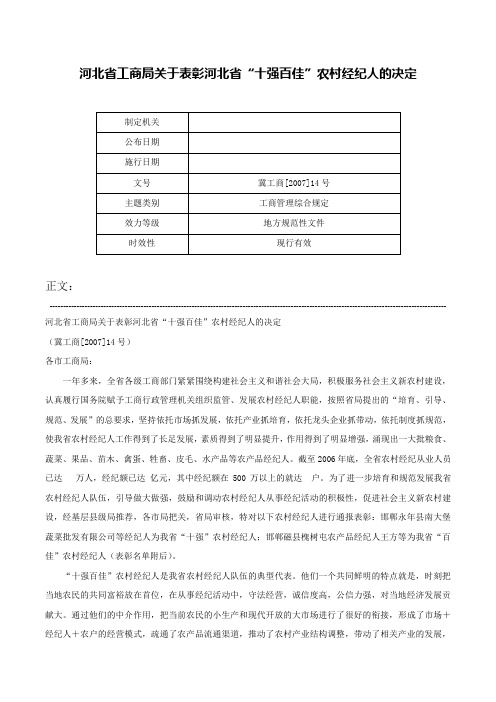 河北省工商局关于表彰河北省“十强百佳”农村经纪人的决定-冀工商[2007]14号