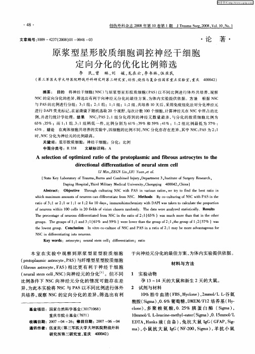 原浆型星形胶质细胞调控神经干细胞定向分化的优化比例筛选