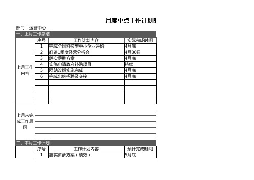 运营中心月度重点工作计划表