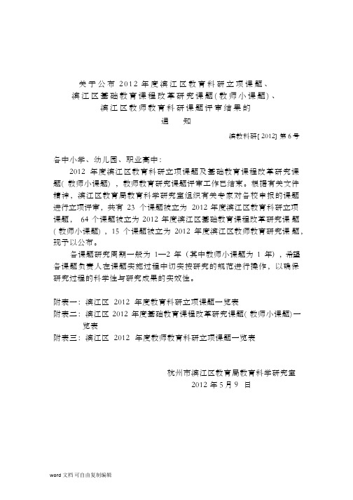 关于公布2012年度滨江区教育科研立项课题、