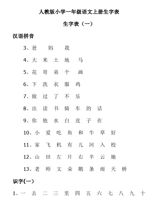 人教版小学一年级语文上册生字表