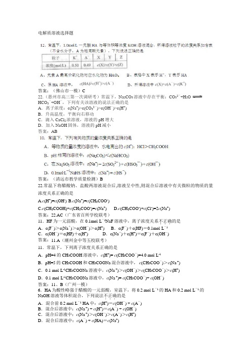 2015年广东省各地模拟考化学试题分类6.电解质溶液(选择题)