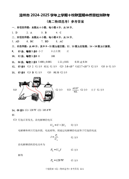 漳州市2024-2025学年上学期十校联盟期中质量检测联考高二物理(选考)参考答案