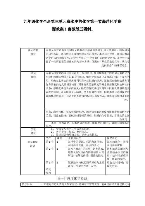 九年级化学全册第三单元海水中的化学第一节海洋化学资源教案1鲁教版五四制_