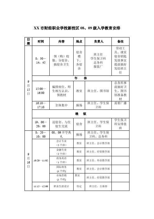 XX市财经职业学校新校区08、09级入学教育安排【模板】