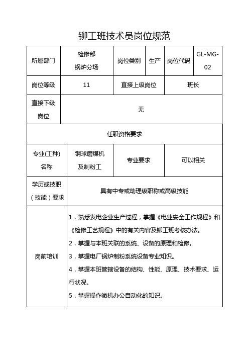 铆工班技术员岗位规范