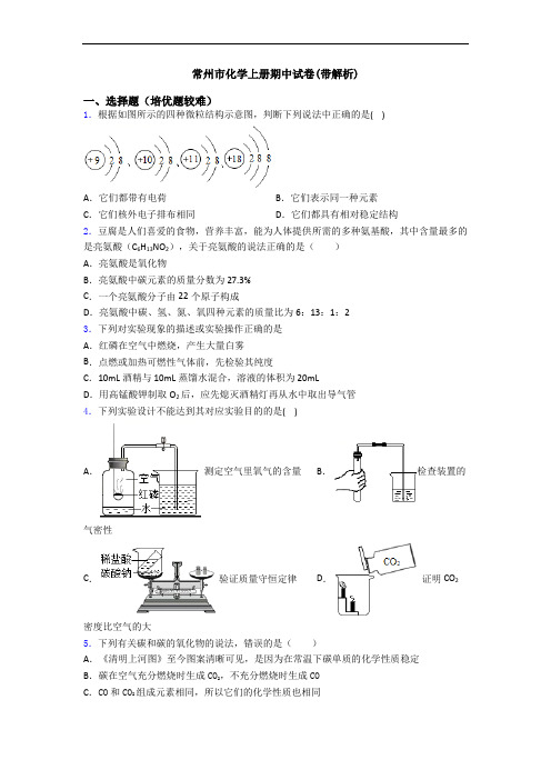 常州市初三化学上册期中试卷(带解析)