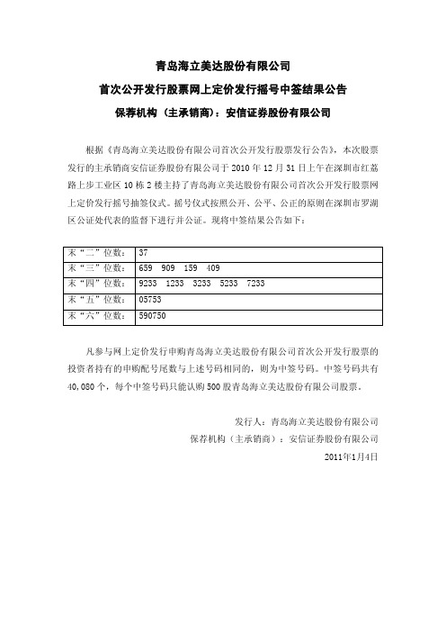 海立美达：首次公开发行股票网上定价发行摇号中签结果公告 2011-01-04