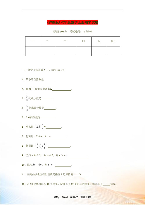 最新上海市六年级数学上册 期末模拟试题