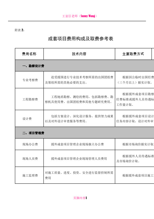 《对外援助成套项目管理办法》成套项目费用构成及取费参考表