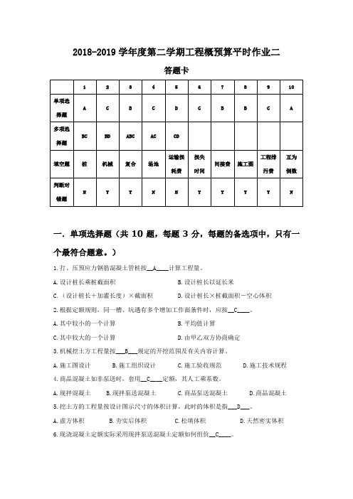 2018-2019学年度第二学期工程概预算平时作业