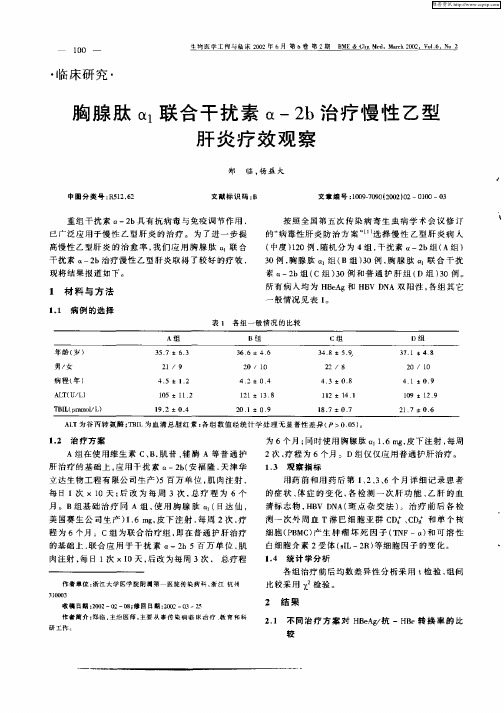 胸腺肽α1联合干扰素α—2b治疗慢性乙型肝炎疗效观察