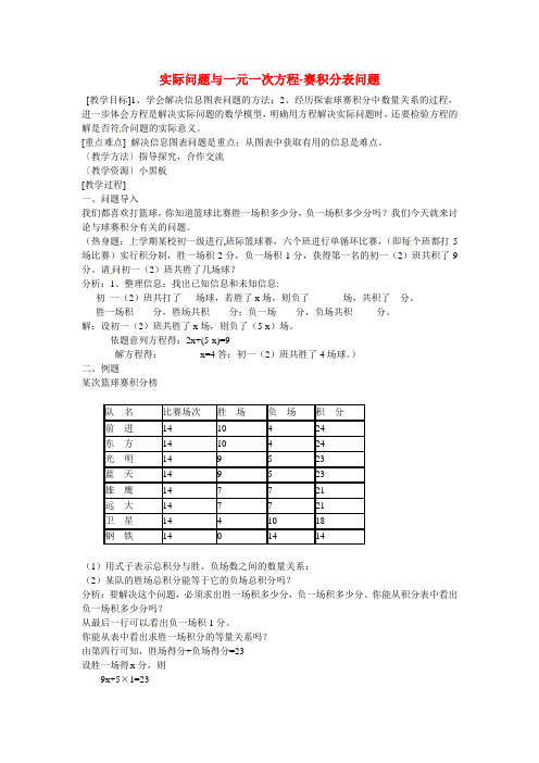 人教版数学七年级上册《实际问题与一元一次方程》(球赛积分表问题)word教案