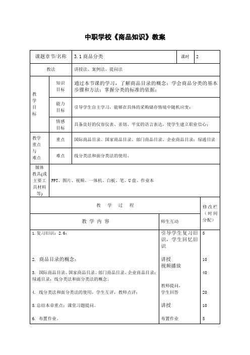 中职学校《商品知识》3商品分类与编码课程教案