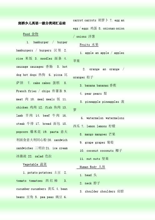 剑桥少儿英语第一年级分类词汇总结