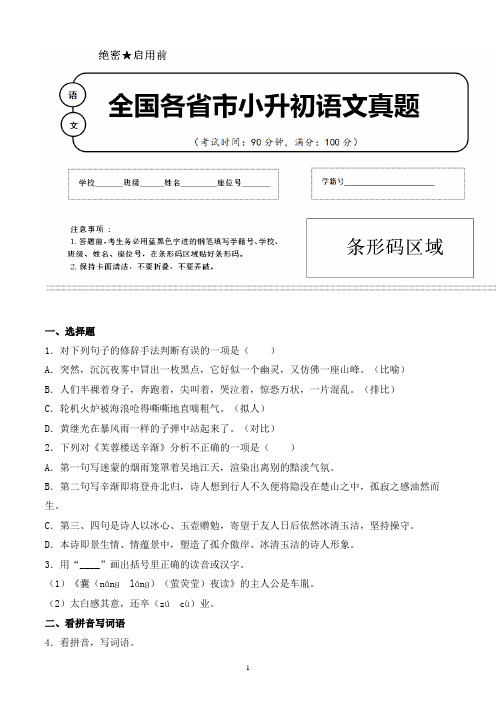 【小升初】2020年浙江省台州市小升初语文毕业会考试题含答案(全网唯一)